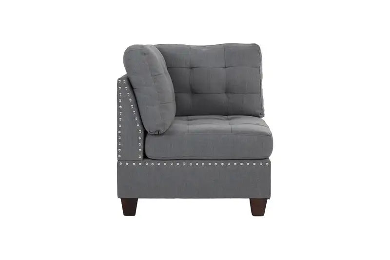 Grey Linen Corner Wedge Sofa with Tufted Cushion & Wooden Legs