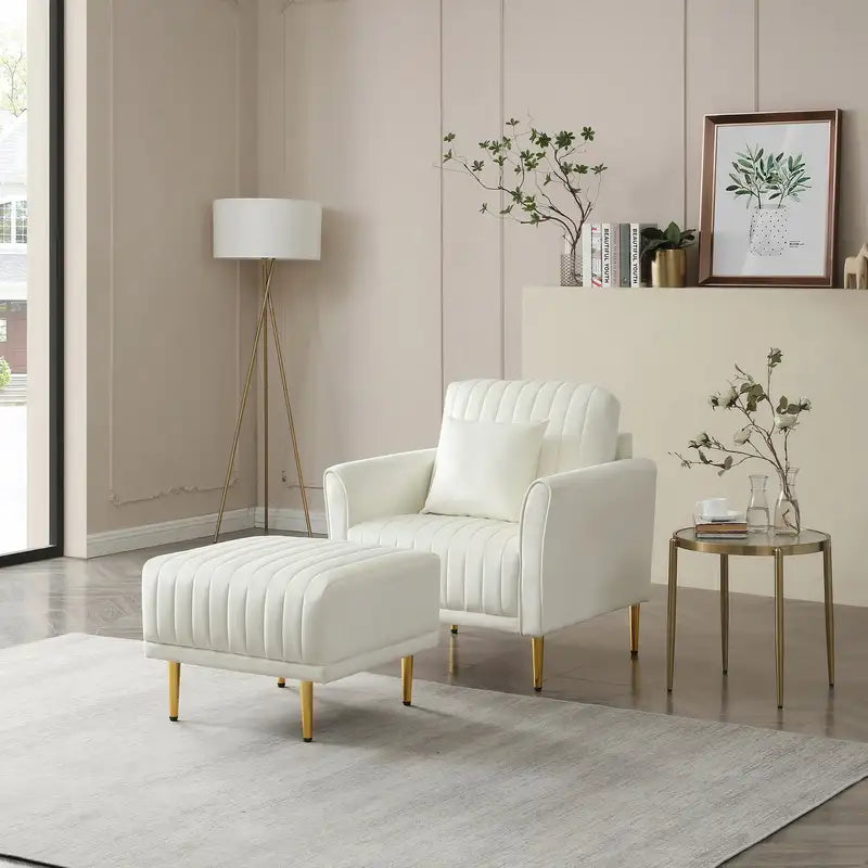 Cream Velvet Accent Chair & Ottoman Set - Deep Tufted