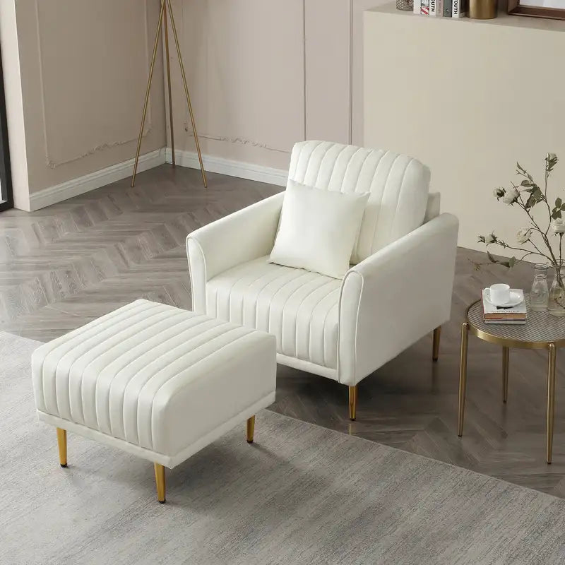 Cream Velvet Accent Chair & Ottoman Set - Deep Tufted