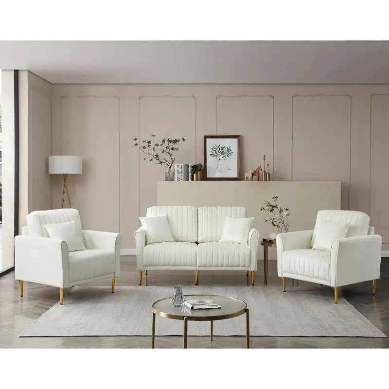 Cream White Sofa Set: 3-Piece Modern Loveseat & Chair for Living Room, Apartment