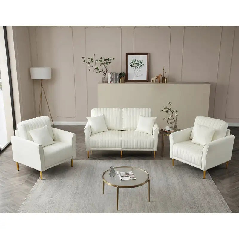 Cream White Sofa Set: 3-Piece Modern Loveseat & Chair for Living Room, Apartment