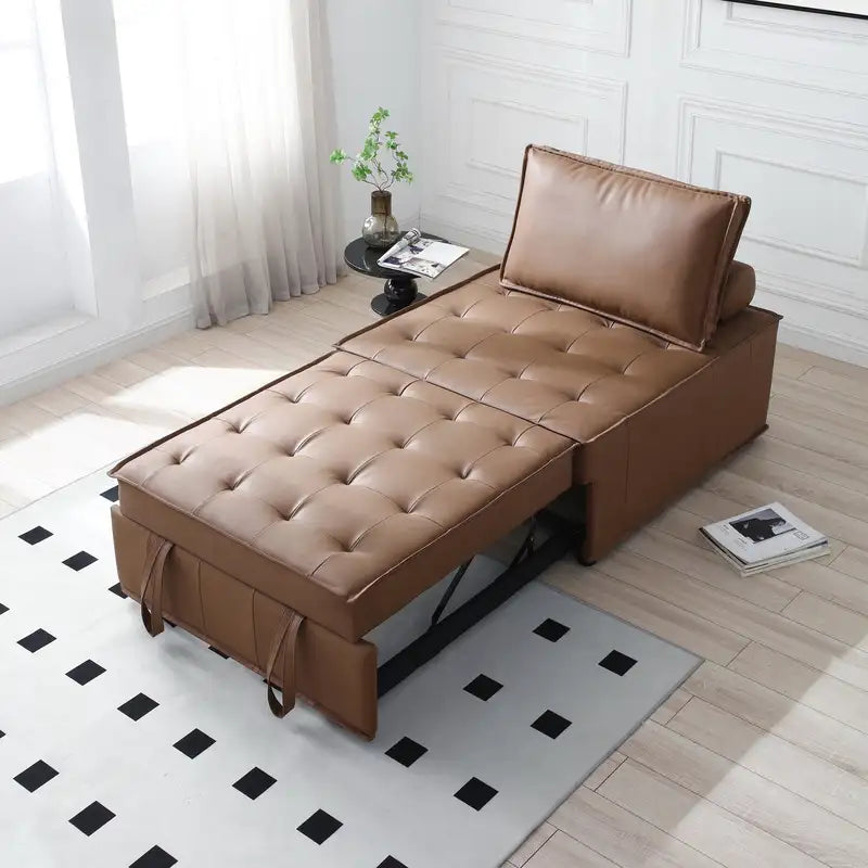 Brown Faux Leather Ottoman Sofa Bed - Pull-Out Sleeper