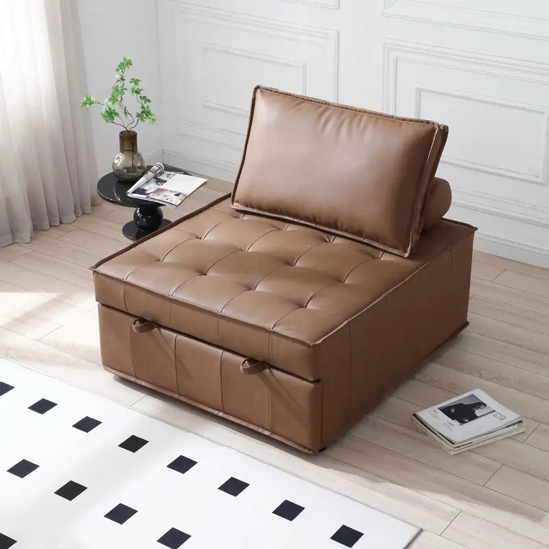 Brown Faux Leather Ottoman Sofa Bed - Pull-Out Sleeper