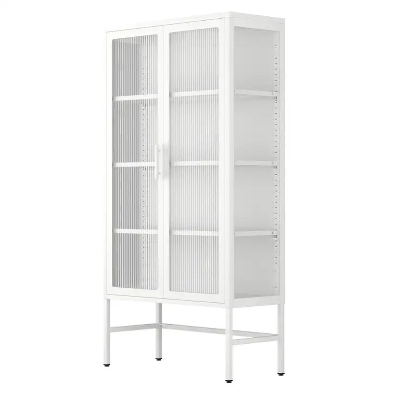 White Double Glass Door Storage Cabinet - Adjustable Shelves & Feet