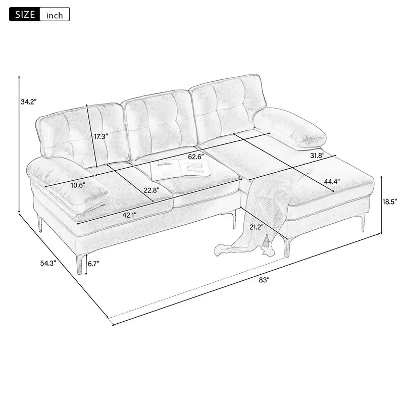 83" Brown Velvet L-Shaped Sectional Sofa for Living Room & Bedroom