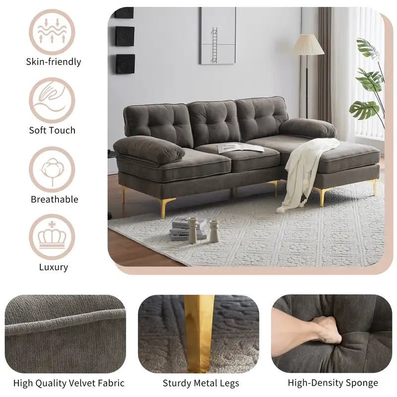 83" Brown Velvet L-Shaped Sectional Sofa for Living Room & Bedroom