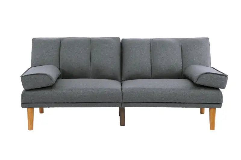 Blue Grey Plush Sofa with Solid Wood Legs - Adjustable Polyfiber Couch