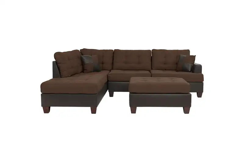 Chocolate Brown Tufted Reversible Sectional Sofa with Chaise & Ottoman