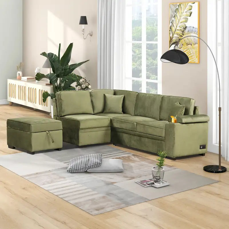 L-Shaped Sleeper Sofa Bed with Ottoman & Storage - 84.75" Green