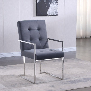 Modern Velvet Dining Armchair - Tufted Design, Silver Stainless Base (Set of 1)