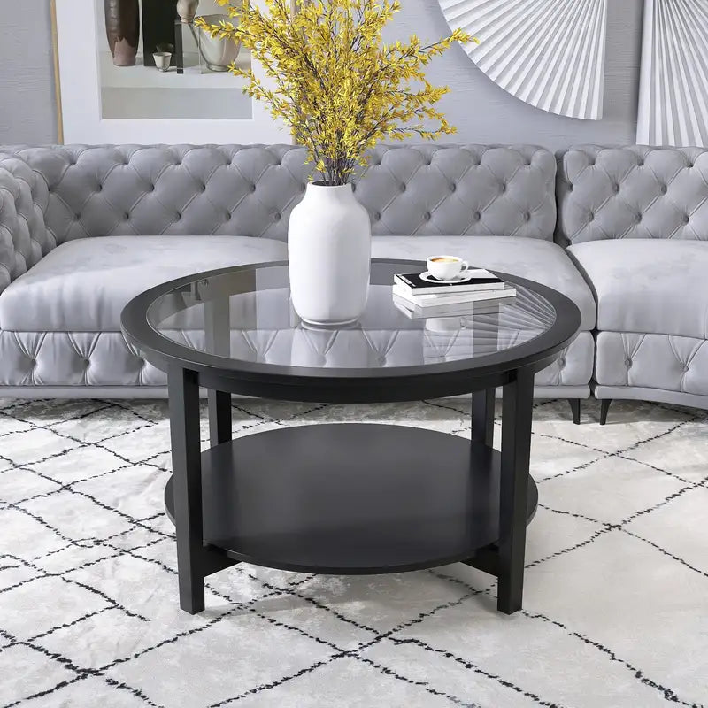 Round Wood Coffee Table with Glass Top - Black