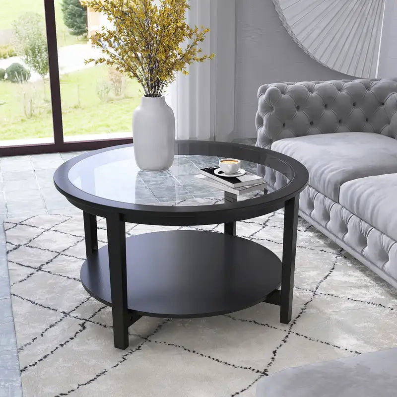 Round Wood Coffee Table with Glass Top - Black