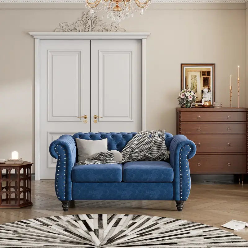 60" Modern Blue Sofa: Plush Velvet Upholstery, Solid Wood Legs