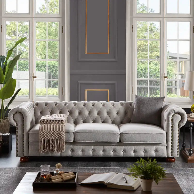 Light Grey Linen Chesterfield Sofa