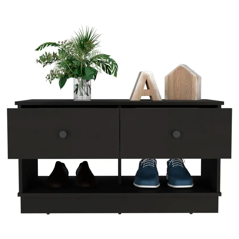 Black Wengue Storage Bench with 2 Drawers & Lower Shelf