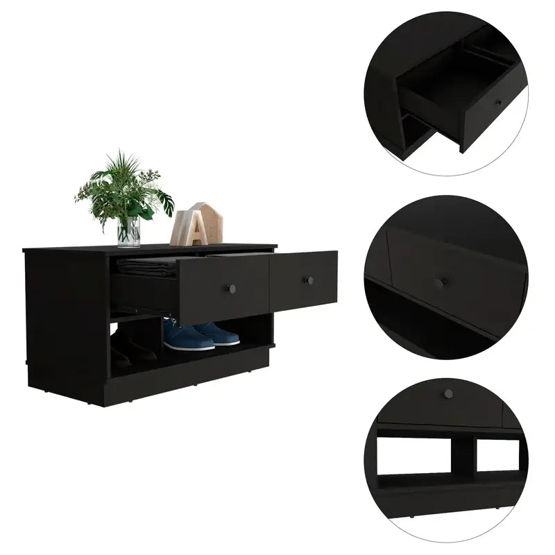 Black Wengue Storage Bench with 2 Drawers & Lower Shelf