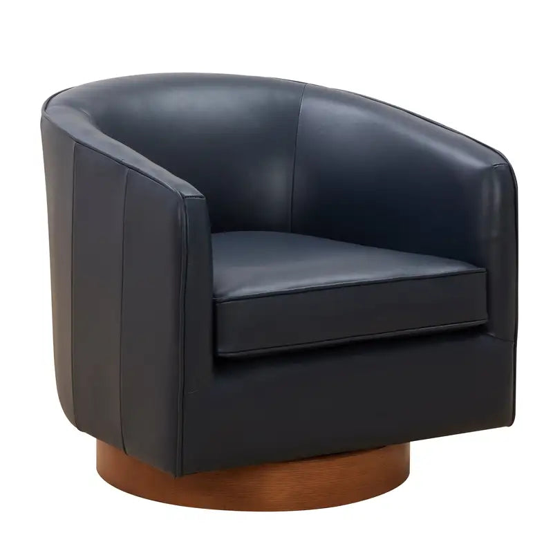 Midnight Blue Leather Swivel Chair - Wood Base & Tessa Design