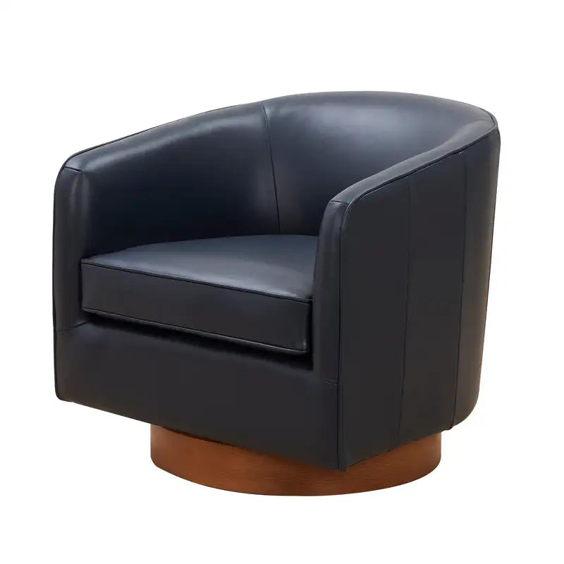 Midnight Blue Leather Swivel Chair - Wood Base & Tessa Design