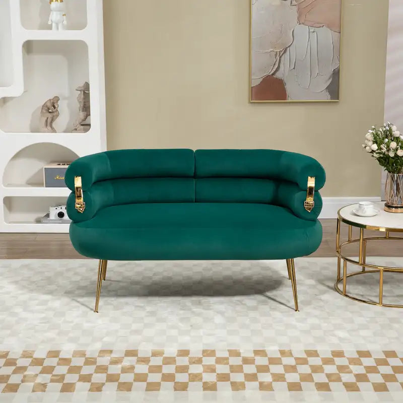 Small Loveseat Sofa with Golden Decor - Green Upholstered Mini Couch