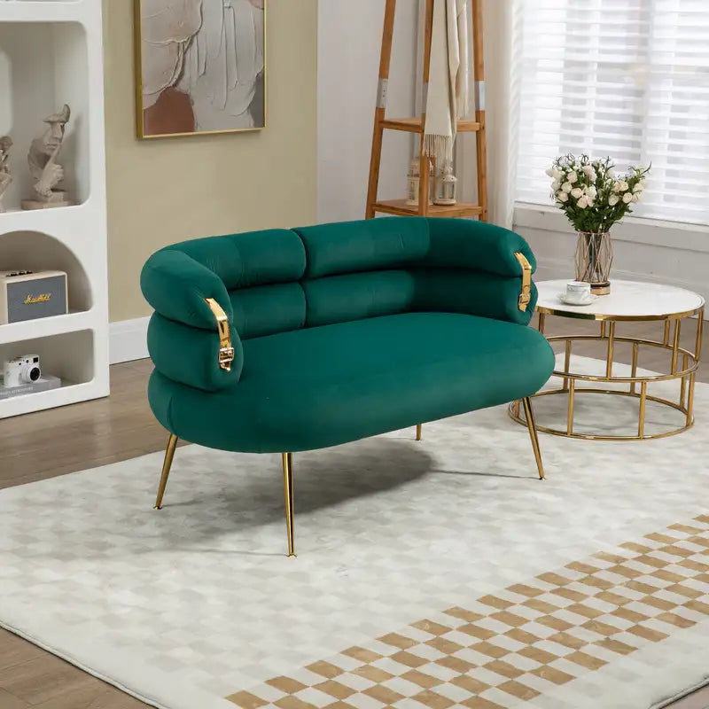 Small Loveseat Sofa with Golden Decor - Green Upholstered Mini Couch