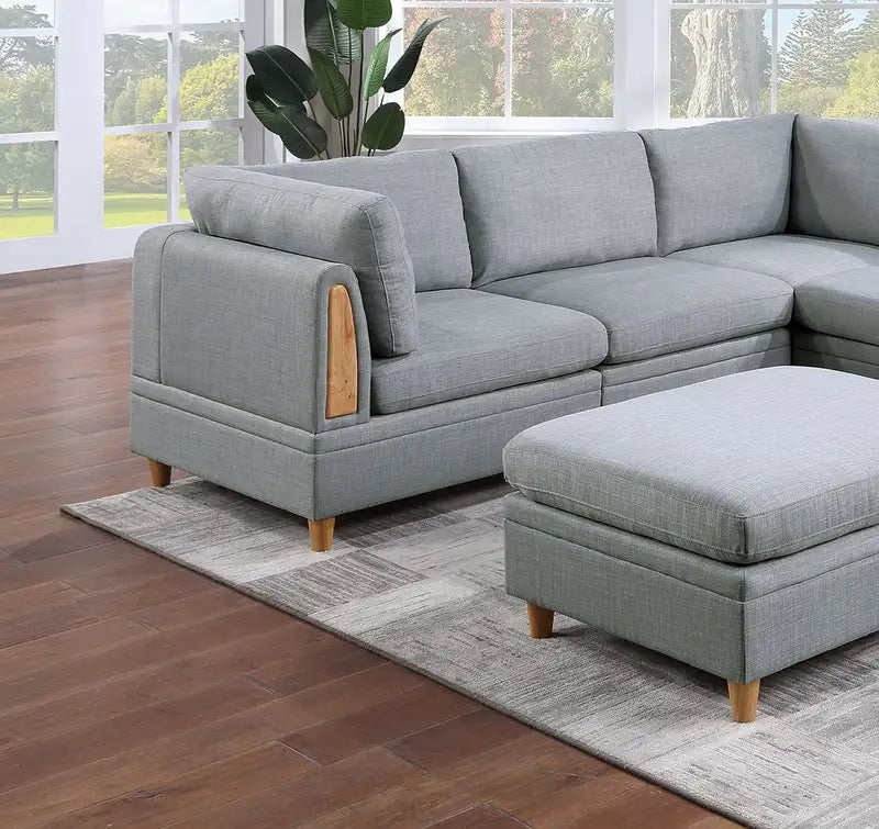 Grey Modular Sofa Set, 6pc Living Room Furniture with Ottoman