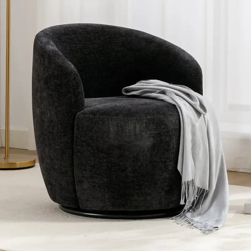 Black Chenille Swivel Barrel Chair with Metal Ring Accent Chair