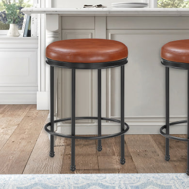 Caramel Faux Leather Backless Counter Stool with Metal Base