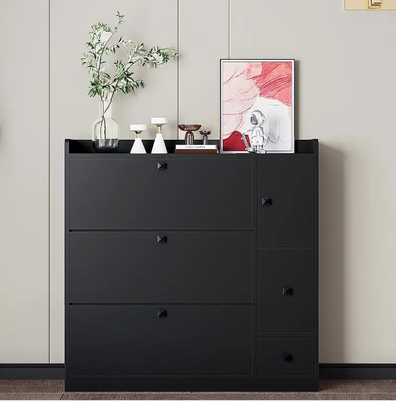 Black Shoe Cabinet with 3 Drawers & Flip-Down Seat - Entryway Organizer