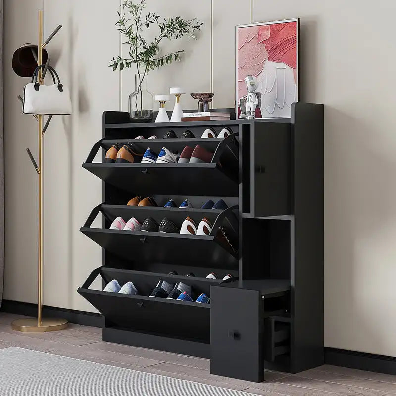 Black Shoe Cabinet with 3 Drawers & Flip-Down Seat - Entryway Organizer