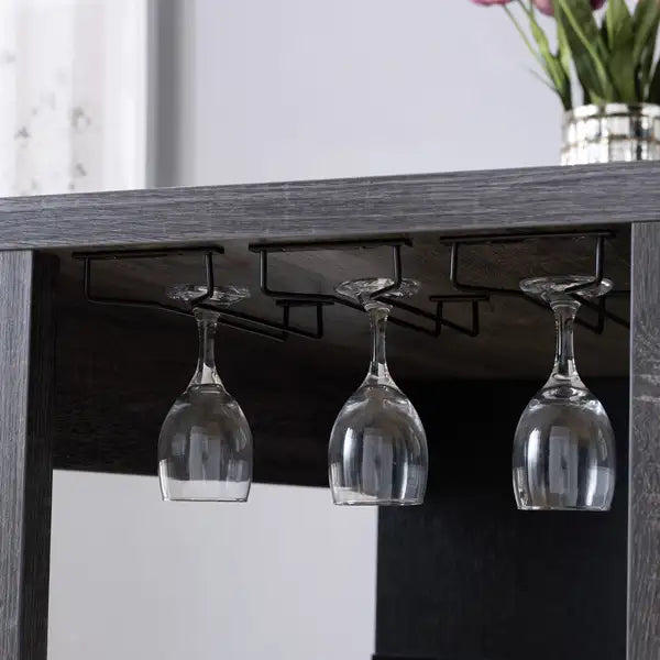 Distressed Grey Home Bar Table with Wine Glass Storage & Shelves