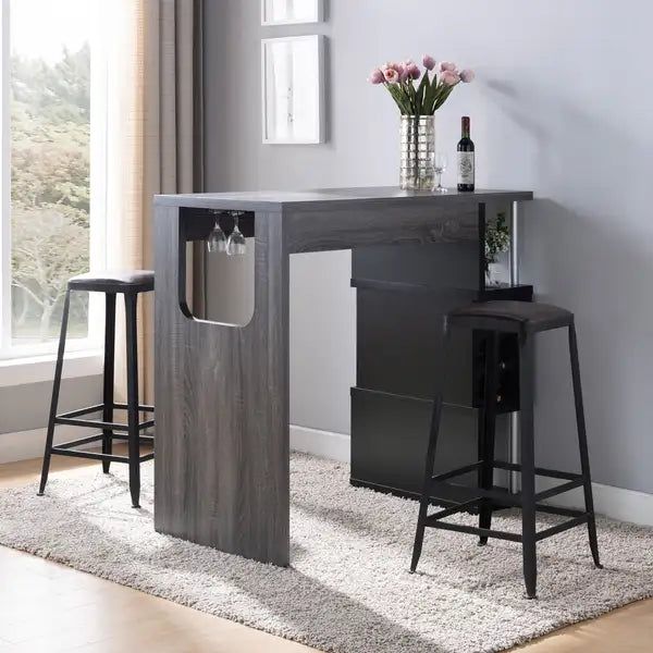 Distressed Grey Home Bar Table with Wine Glass Storage & Shelves