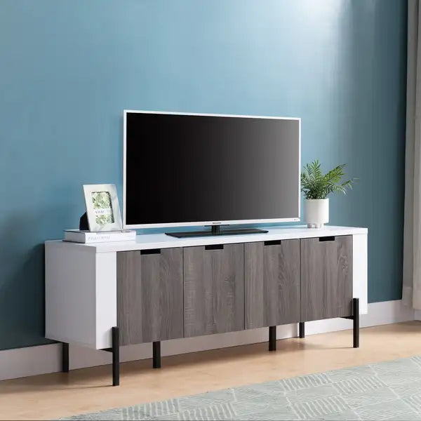 60" TV Stand with Storage, White & Grey Distressed Wood