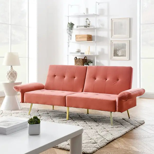 Pink Velvet Futon Sofa Bed, 78" Convertible Sleeper Couch w/ Storage