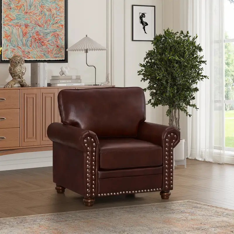 Burgundy Faux Leather Single Sofa Chair with Wood Legs