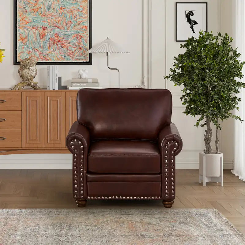 Burgundy Faux Leather Single Sofa Chair with Wood Legs