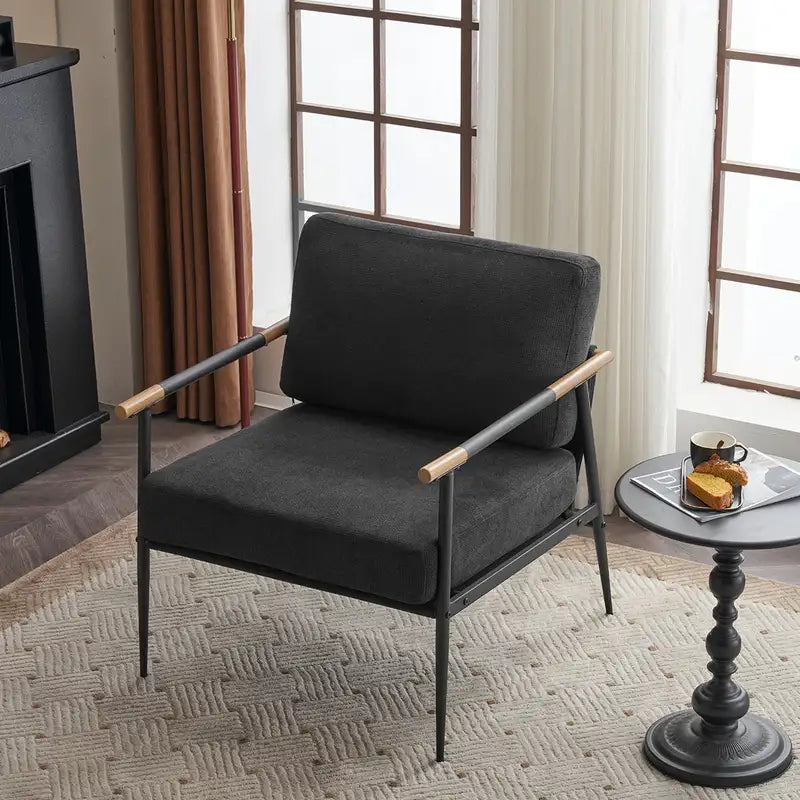 Black Chenille Lounge Chair - Metal Frame Armchair for Living Room