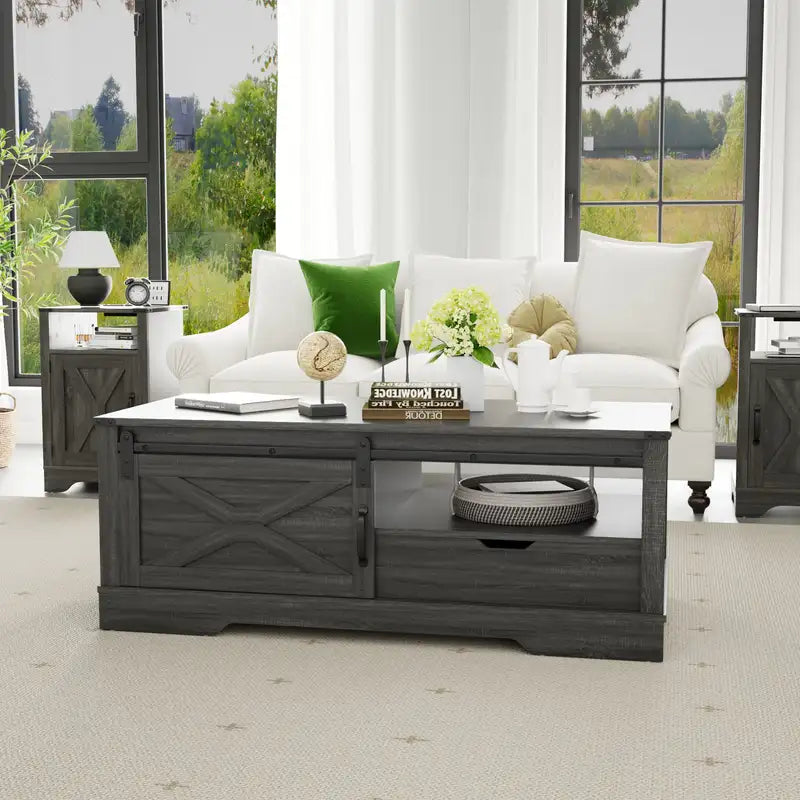 Farmhouse Sliding Barn Door Coffee Table with Storage - Dark Gray