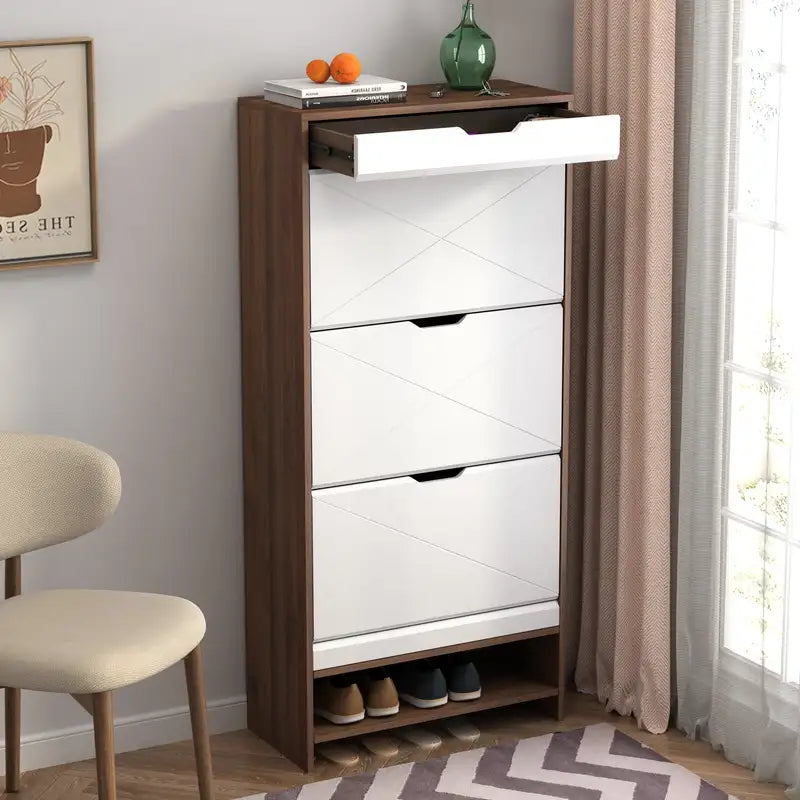 3-Tier Shoe Cabinet with Drawers & Flip Door - Wood Finish