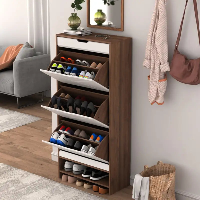 3-Tier Shoe Cabinet with Drawers & Flip Door - Wood Finish