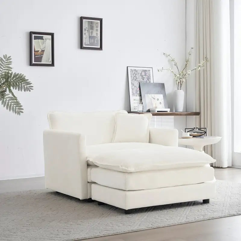 White Chenille Accent Chair with Ottoman - Modern Living Room Armchair