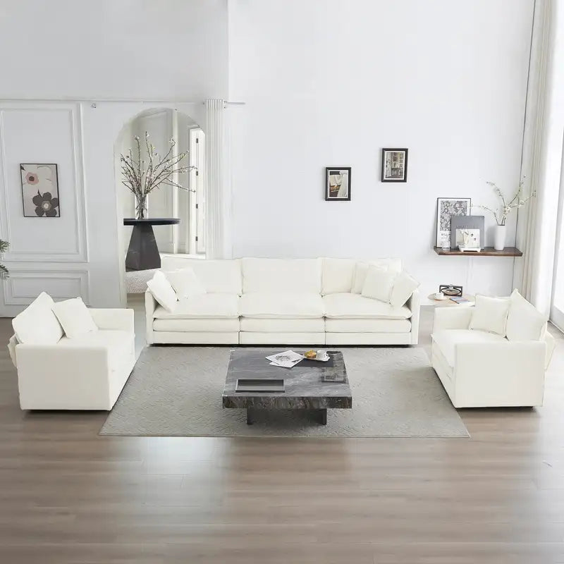 White 3-Piece Sofa Set: 1+1+3 Seater Modern Living Room Furniture