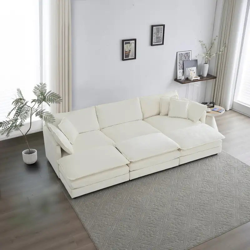 U-Shaped Sectional Sofa, 6-Seater with Ottomans & Pillows