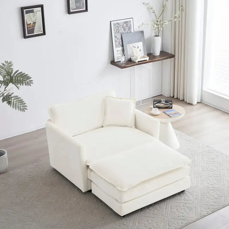 White Chenille Accent Chair with Ottoman - Modern Living Room Armchair