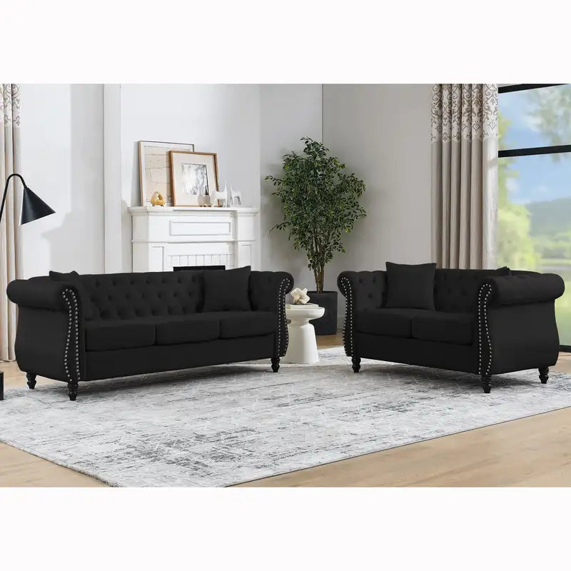 80" Black Velvet Chesterfield Sofa - 3 Seater Tufted Couch w/ Rolled Arms