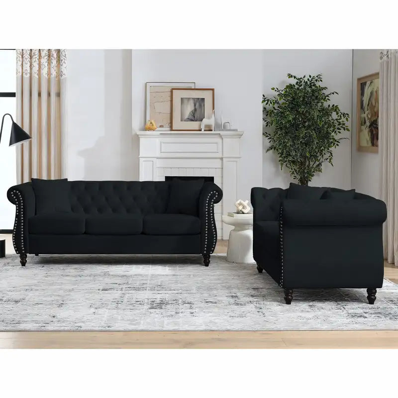 80" Black Velvet Chesterfield Sofa - 3 Seater Tufted Couch w/ Rolled Arms