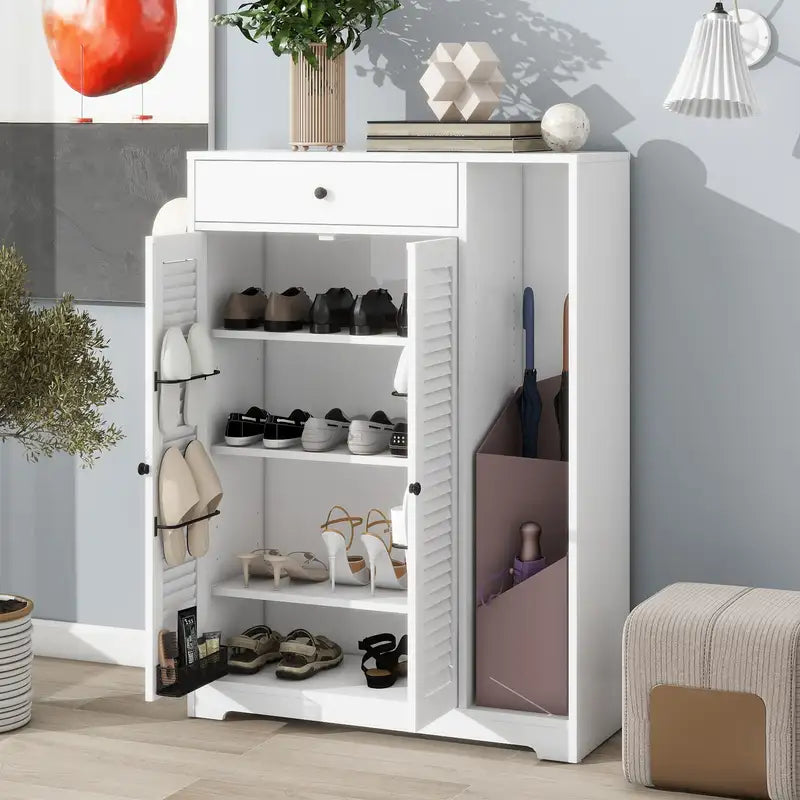 White Slim Shoe Cabinet with Adjustable Shelves & Drawer - Freestanding Shoe Rack