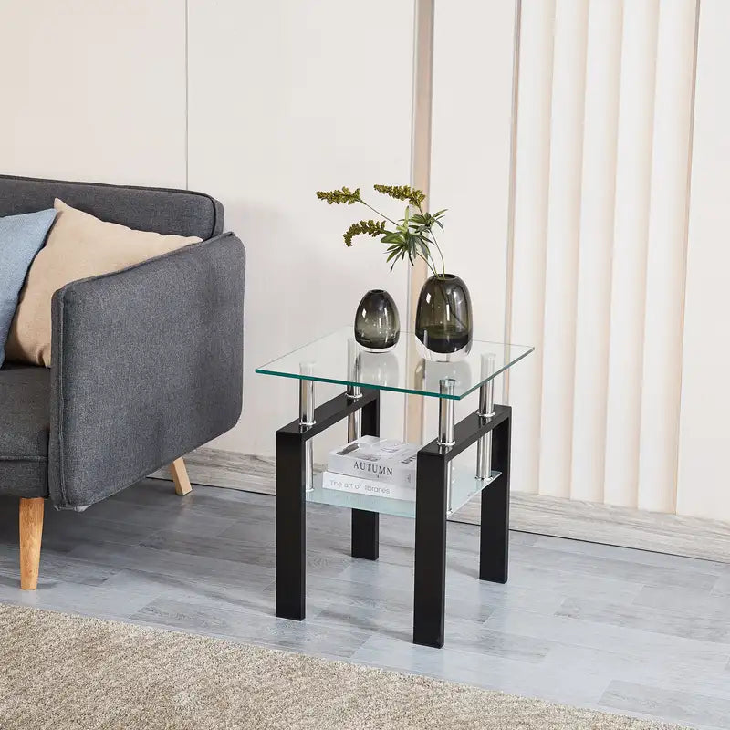 Glass End Table with Storage - Tempered Glass Side Table for Living Room