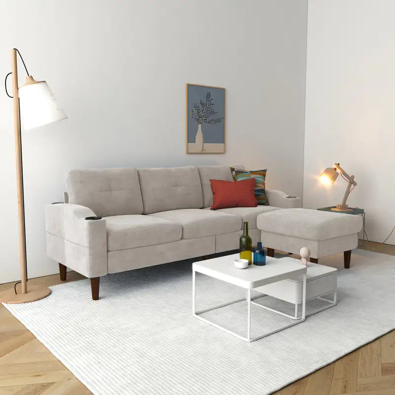 Beige L-Shaped Convertible Sofa with Storage & Footrest - Living Room Furniture