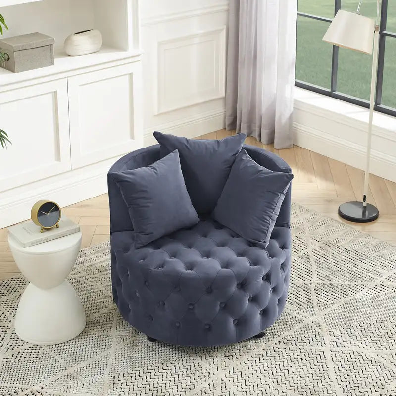 Grey Velvet Swivel Chair with Tufted Design & 3 Pillows