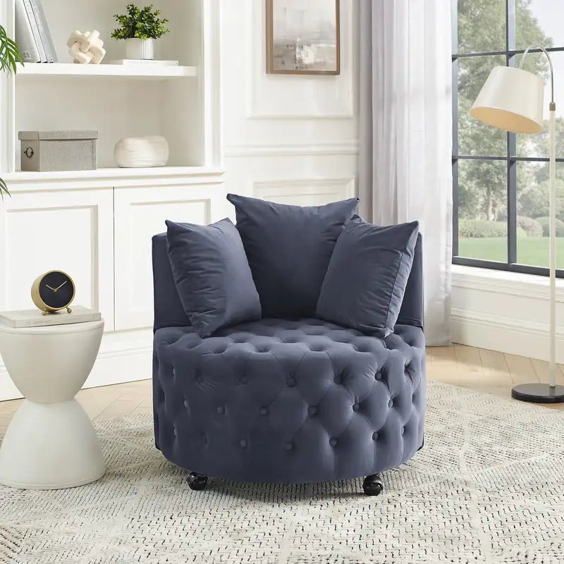 Grey Velvet Swivel Chair with Tufted Design & 3 Pillows